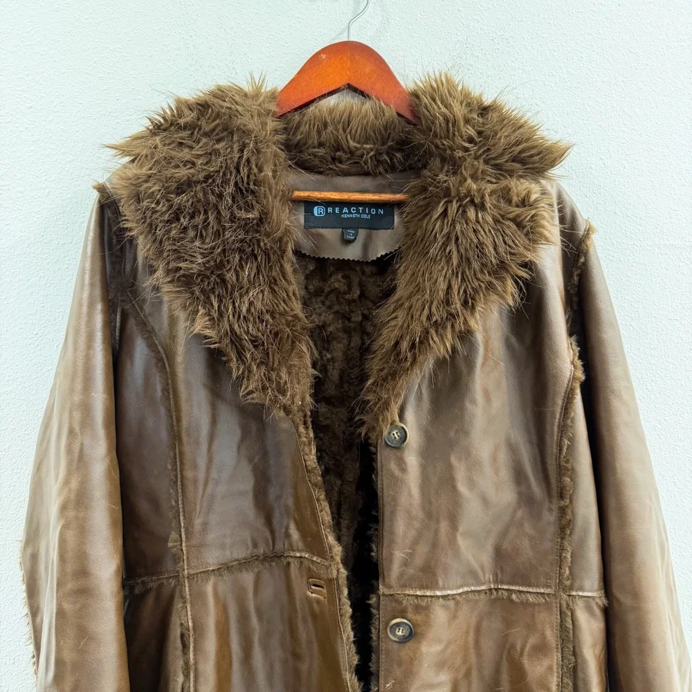 Vintage Y2K Penny Lane 70s Retro 100% Leather Faux Fur Kenneth Cole Brown Coat M - Picture 6 of 13